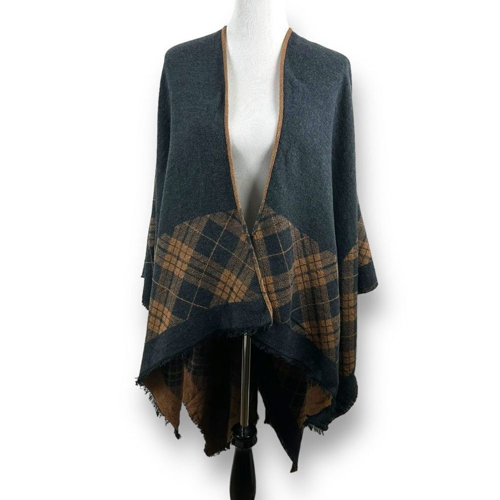 Art Eclair One Size‎ Reversible Fringe Cape Sweater Earthy Rust And Gray Layer